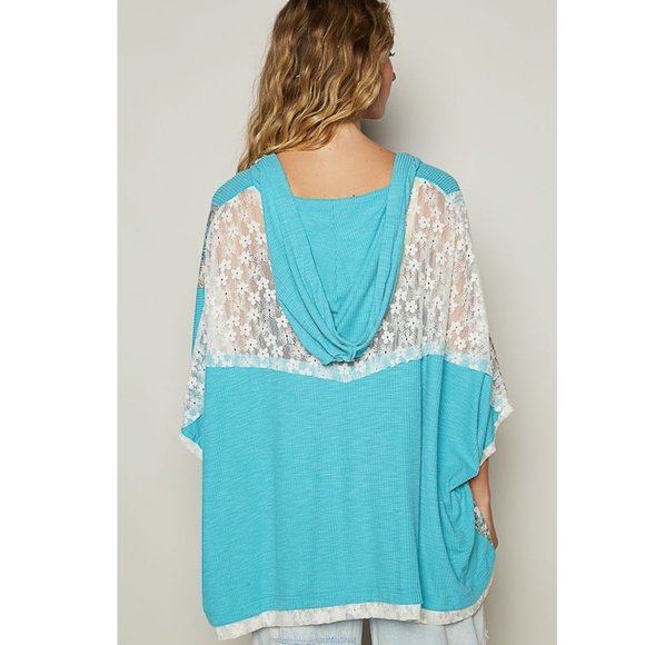 75. NWOT POL Turquoise Oversized V-neck Floral Peace Sign Hoodie - Picture 2 of 7